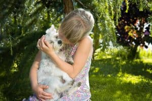 kind knuffelt klein hondje in gras